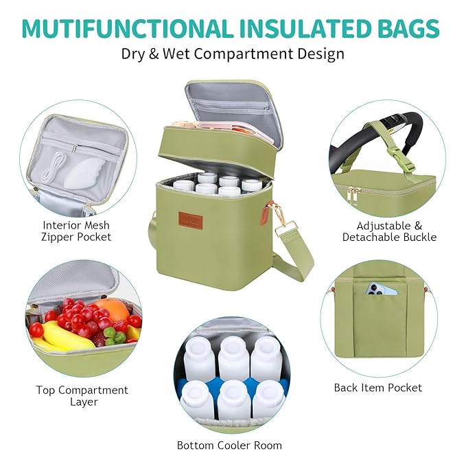 PIIOSER Breastmilk Cooler Bag with Ice Pack Fits 6 Baby Bottles Up to 9 Ounce, Insulated Baby Bottle Tote Bags, Double Layer Waterproof Leak-Proof with Shoulder Strap for Nursing & Working Mom (Green)