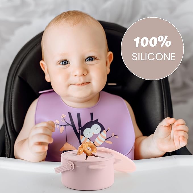 Silicone Snacks Containers for Toddlers, Baby Food Catcher Spill Proof, Kid Snacks Holder with DustProof Lid, 2 Pack Dishwasher Safe (Blush/Mauve)