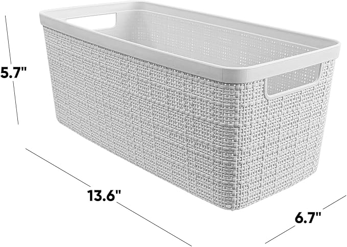 Curver Jute Decorative Plastic Organization and Storage Basket Perfect Bins for Home Office, Closet Shelves, Kitchen Pantry and All Bedroom Essentials, Slim, White, Set of 8
