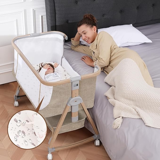 Baby Bassinet, Bassinet Bedside Sleeper with Waterproof Bassinet Sheets and Soft Mattress, Safe Adjustable Height Bedside Bassinets with Wheels, Girl/Boy Bassinets, Khaki
