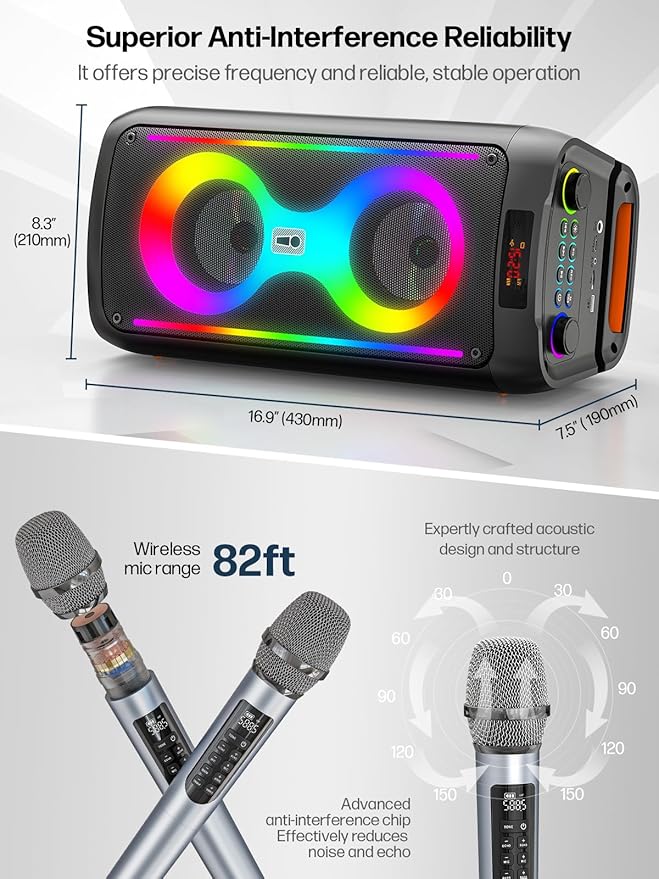 Karaoke Machine for Adults, Portable Bluetooth Speaker with 2 Wireless Microphones, PA System with Disco Lights for Big Party, Outdoor, Supports USB/TF/REC/FM/AUX, Ideal Gifts for Family, Music Lover
