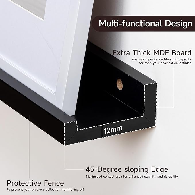 Floating Picture Ledge Shelves for Wall Set of 2, 84 Inches Picture Ledge Shelf with Long Large Nursery Book Shelf for Toys Storage Kids Bookshelf Wall Mounted Living Room Bedroom Decor Frames, Black