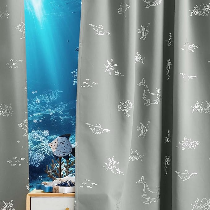 Vangao Kids Curtains for Boys Bedroom Kids Blackout Curtains 63 Inch Length Ocean Aquarium Nursery Drapes for Girls Bedroom Silver Sea Animals Print Thermal Insulated Drapes, Grey 2 Panels