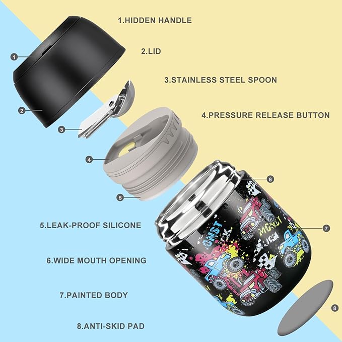 17 oz Insulated Lunch Containers Hot Food Jar, Wide Mouth Lunch Thermo for Kids Adults, Vacuum Stainless Steel Lunch Box With Handle Folding Spoon for School, Office Black - Car