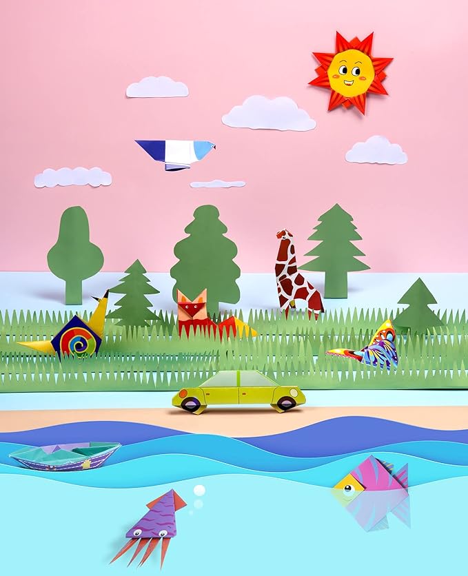 Gamenote Colorful Origami Kit for Kids 54 Projects 120 Double Sided Origami Paper 12 Sheets Practice Papers Instructional Origami Book Origami Gift for 4+ Girls Boys Adult Beginners Training Craft