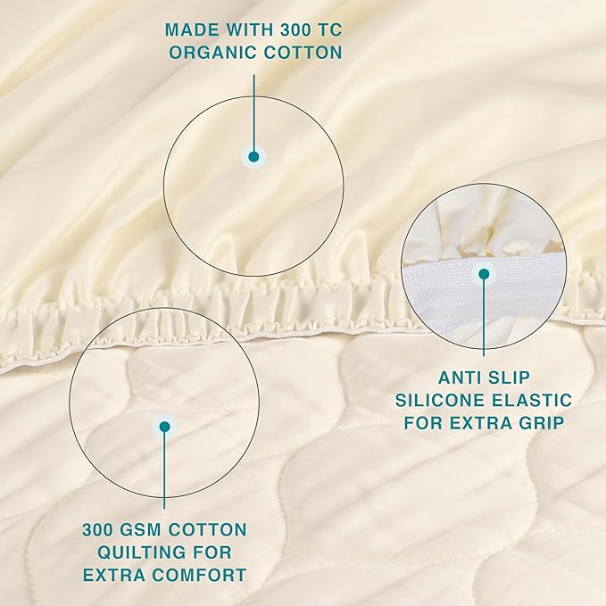 FABDREAMS Organic Quilted Mattress Protector Twin Size | Mattress Pad| Mattress Cover| Naturally Breathable | Noiseless| Fits up to 17" Deep Pockets| Temperature Regulating | Ivory