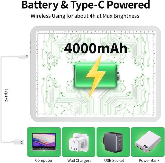 Up To 9000Lux Super Bright A4 Light Pad,Rechargeable light box with 4000mAH Lithium Battery for Cricut Weeding Vinyl Tool,Magnet light box for tracing,light board for Diamond Painting,Sketching(White)