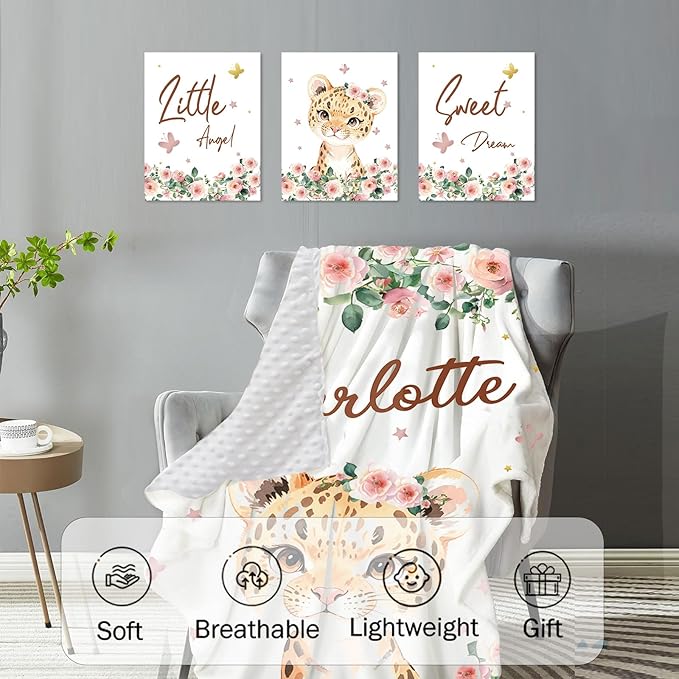 Personalized Nursery Crib Bedding Set: Custom Name 5 Piece Baby Crib Sets with Floral Leopard Design - Toddler Double Layer Blanket Set, Comfortable Crib Bed Sheets for Baby Grils