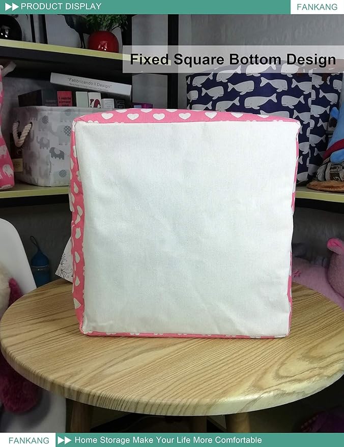 FANKANG Square Nursery Hamper Storage Bins Canvas Laundry Basket Foldable with Waterproof PE Coating Storage Baskets Gift Baskets for Children, Office, Bedroom, Clothes（Square-Pink Heart ）