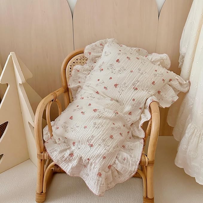 BuLuTu Cute Flower Rabbit Toddler Pillowcase for Girls Boys Soft Breathable Muslin Cotton Kids Pillow Covers, Animal Themed Small Pillow Case for Crib/Toddler Bed, 14"x20", Envelope Closure