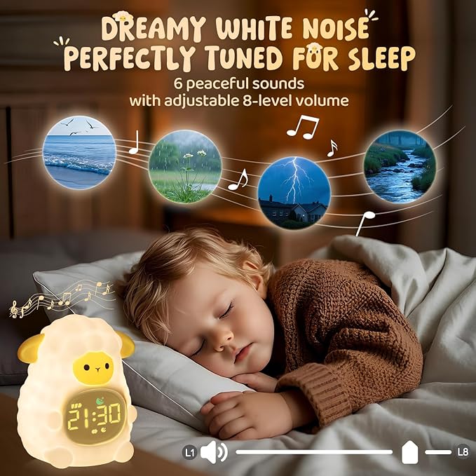 Sheep Alarm Clock with Night Light for Kids with Sleep Training and Sound Machine, Rechargeable Silicone Lamp OK to Wake Clock，Cute Animal Tabletop Lamp, Perfect Sleep Companion for Boys Girls