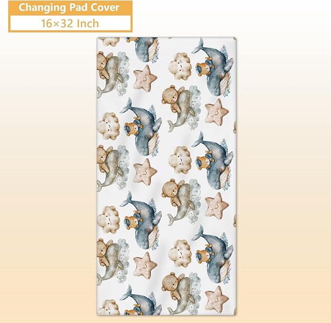 Personalized Baby Bedding Set - 5 Pcs Custom Infants Bedding Set with Infant Name - Double Layer Nursery Crib Set for Girls Boys - Customized Gifts for Toddler Baby Shower - Whales and Bears