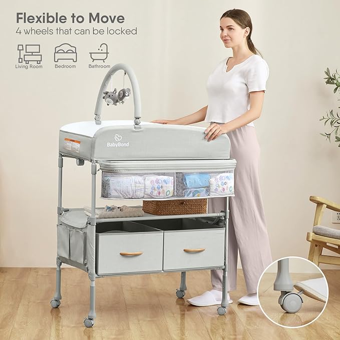 BabyBond Portable Baby Changing Table with 2 Storage Baskets, Foldable Changing Table Dresser Waterproof Diaper Changing Table Height Adjustable Changing Station for Infant and Newborn(Beige)