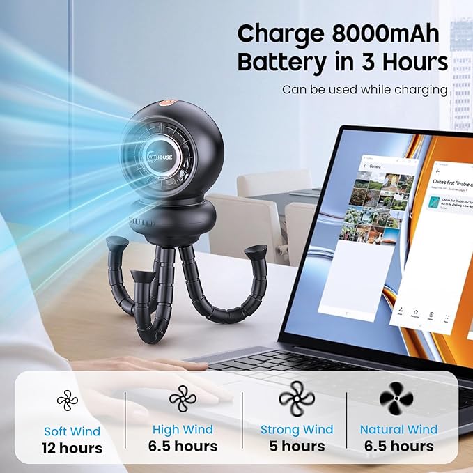 Stroller Fan, Battery Operated Baby Stroller Fans, 8000mAh Rechargeable Fans, 75° Auto Oscillation Portable Fan, 5-12H Runtime, 4 Speeds Wind, Detachable Base & LED Display