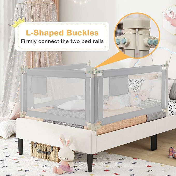 BABY JOY Bed Rail for Toddlers, 47''Long, Height Adjustable & Foldable Baby Bed Rail Guard w/Storage Pocket & Double Safety Child Lock for Kids Twin Double Full Size Queen King Mattress (Grey)