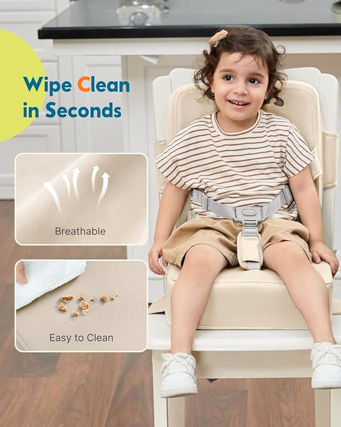 HOMEAL Toddler Booster Seat for Dining Table - Toddler Dining Cushion with Wipeable Surface -Booster Seat for Kitchen Chair with Easy-Install Straps - Breathable Fabric - Beige
