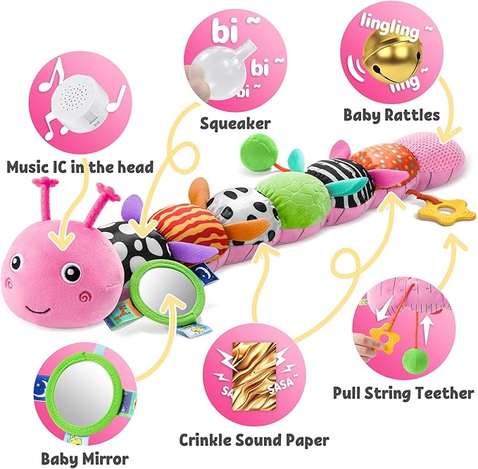 LIGHTDESIRE Baby Toys Musical Caterpillar,Infant Toys Stuffed Animals with Ruler Design,Mirror,Pull String&Ring Bell,Baby Teething Toys for Tummy Time Toys Newborn Gifts 3 6 12 Months(Pink,Leafy Limb)