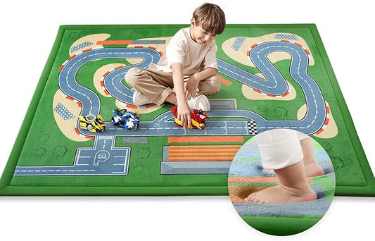 Kids Play Rug, 1.3" Thickened Knee Protection Playmat 39"×59" Car Mat for Track Racing Non-Slip Educational Activity Mat Toddler Rugs for Play Area