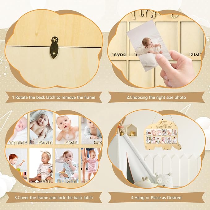 My First Year Picture Frame,One Year Of Photo Board, Baby's First Twelve Months Photo Collage and Gender Neutral Keepsake, Ideal for Baby Shower,New Mom Keepsake Gift and Nursery Decor - With Stand (Elephant sign)