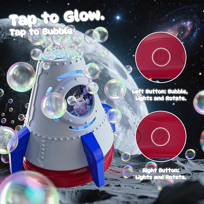 Rocket Bubble Machine for Kids with Lights, 360° Rotating Bubble Blower Toy with 10 Refill Solutions, Bubble Maker for Toddlers, Fun Outdoor Party Gift for Boys & Girls Blue