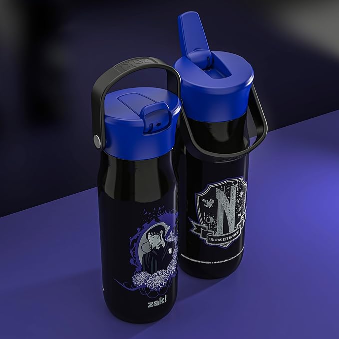 Zak Designs Harmony Wednesday Water Bottle for Travel or At Home, 20oz Recycled Stainless Steel is Leak-Proof When Closed and Vacuum Insulated with Straw Lid and Carry Handle (Wednesday Addams)