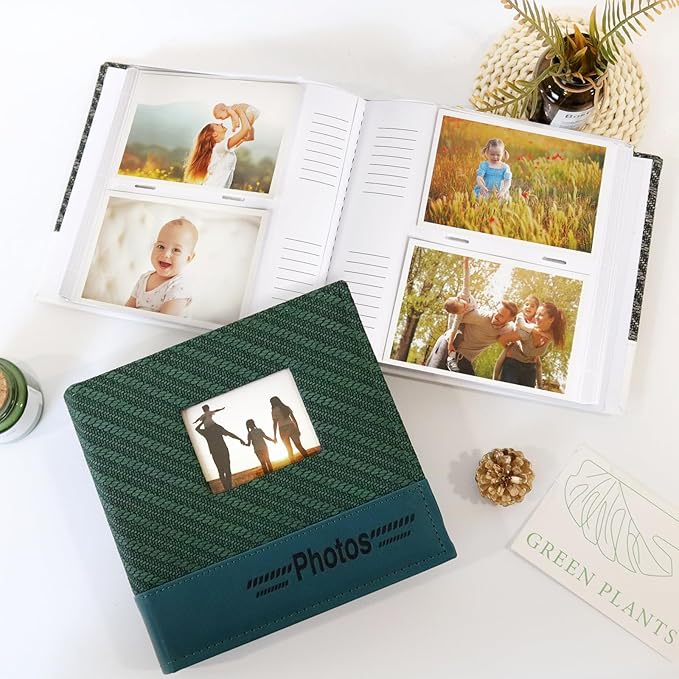 RECUTMS 4x6 Photo Album 200 Photos Memo, Photo Album with Writing Space, Leather Cover Window, 200 Picture Photo Album for Wedding Family Baby Christmas Valentine's Day Anniversary (Dark Green)