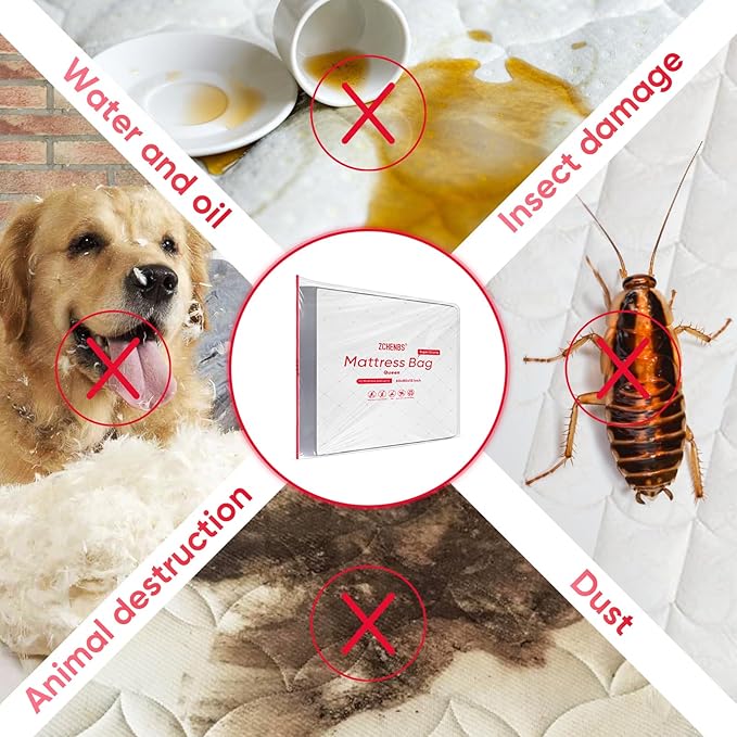 ZCHENBS® – Mattress Bags for Moving and Storage,Mattress Bag with Zippers,5 Mil Ultra-Thick Bed Bag,Waterproof,Anti-Tear,Heavy-Duty Mattress bag (Transaparent/Red, Queen-(1 Pack))