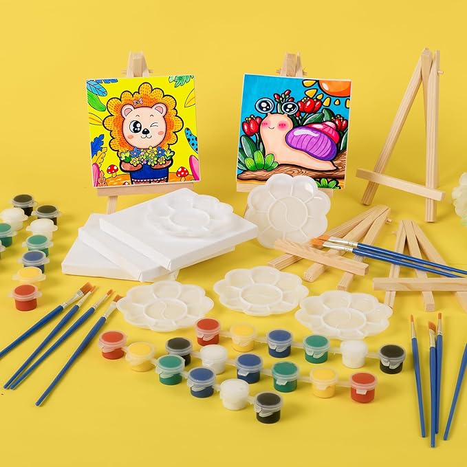 ESRICH 5 Set Mini Acrylic Paint Set,Minis Canvas Painting Kit,St. Patrick's Party Gifts,4 * 4in Canvas with Easel,Acrylic Paints,Brush,Palette,Mini Easel with Canvas for Kids Adults Painting Party