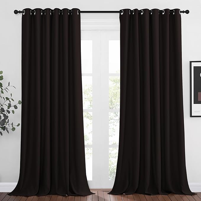 NICETOWN Toffee Brown Curtain Panels - Home Decoration Thermal Insulated Solid Grommet Blackout Curtains/Drapes for Hall/Sliding Door (80" Wide by 108" Long, Black, Set of 2)