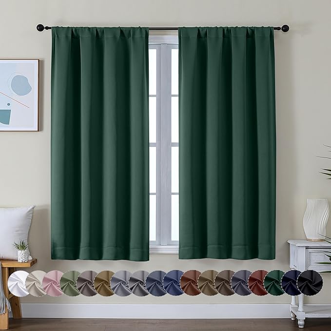 Simplebrand Ava Ever Green Short Blackout Curtains for Bedroom 45 Inches Long 2 Panels Set, Solid Thermal Insulated, Energy Saving Window Treatment Curtains Blackout Drapes, W40 x L45 Inch, Ever Green