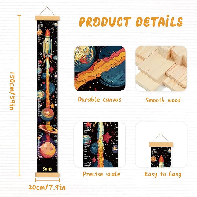 Personalized Name Growth Chart Wall Decor for Kids – Canvas Removable Height Chart Measuring Ruler 59" x 7.9" (Rocket)