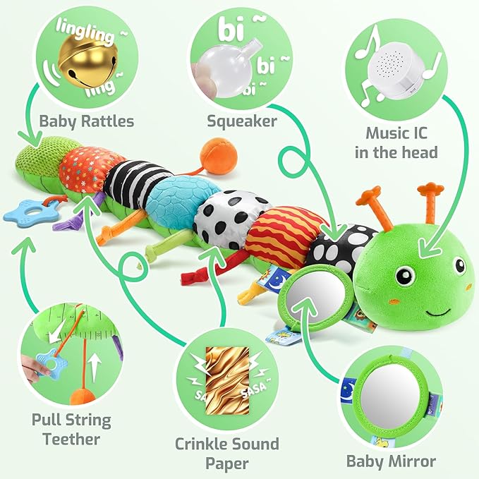 Sumobaby Baby Toys 0-6 6-12 Months,Music Caterpillar Plush Toy with Baby Mirror, Pull String&Crinkle Rattle,Infant Teething Toys,Tummy Time for 0-3-6-12 Month Boys Girls Newborn Gifts (Green-Branch)