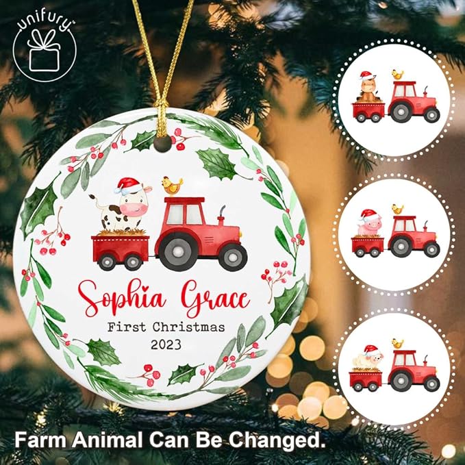 Unifury Personalized Baby First Christmas Ornament 2024, Adorable Keepsake for Babies First Christmas Tree, Holiday Decor for Celebrating Ceramic Babys 1st Christmas Ornament 2024, Farm Animal