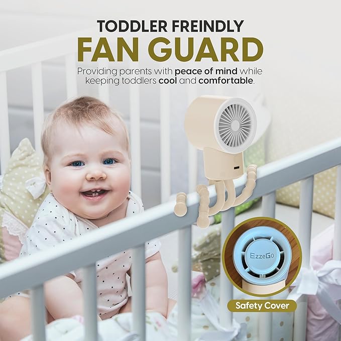 Portable Mini Travel Stroller Fan - Battery Operated, Clip On, Small, Handheld, Rotating, Rechargeable, Personal Fan with Flexible Tripod, 3 Speeds for Baby Crib, Bed Car, Seat Treadmill