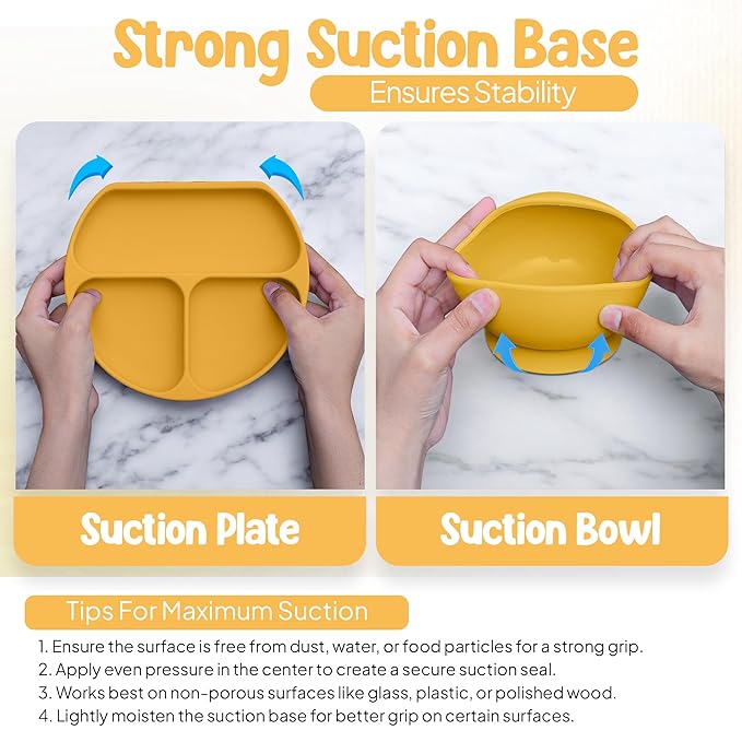 O'doe 17-Piece BPA-Free Silicone Baby Feeding Set | Thick & Soft Suction Plates, Baby Bowls, Wooden Fork & Spoon, and More | Make Mealtime Fun and Easy for Your Little One (Yellow, V2)