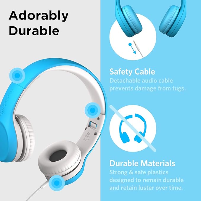 LilGadgets Connect+ Wired Kids Headphones for School with Mic, Volume Limited & Noise Reduction, On-Ear Headset with Cord, SharePort Technology for Multiple Kids & SoftTouch Padding, Blue