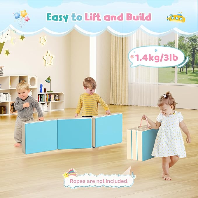 Lischwert Foam Climbing Blocks for Toddlers 1-3, 5pcs Foldable Soft Play Set with Crawling Exploration Toys - Indoor Infant Safe Blocks for Baby Gym & Toddler Playground - Blue