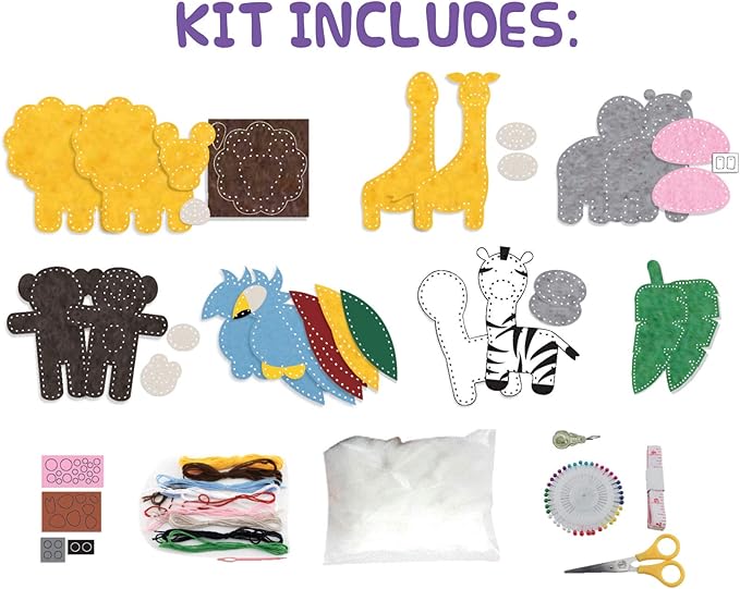 Peachy Keen Crafts Kids Sewing Kit, Learn to Sew for Ages 8-12, Beginner Felt Craft Kit, Make 6 Fun Stuffed Animals and A Pin Cushion, Teach Basic Stitches