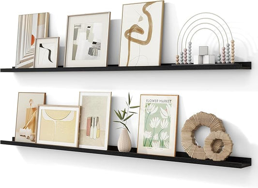 Picture Ledge Shelf, 72 inch Solid Ash Wood Floating Shelves Set of 2, Picture Ledge Ledge Wall Mounted for Living Room Kids' Room Bedroom, Color Black