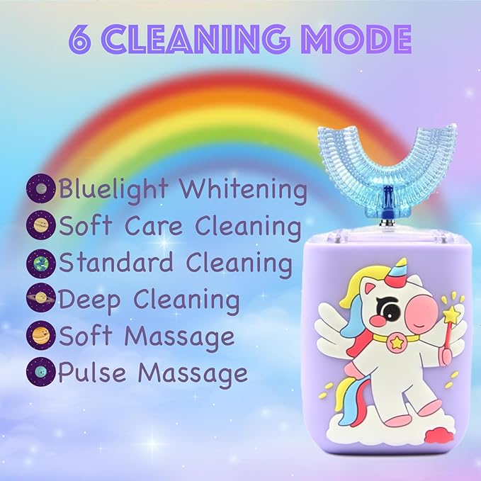 Kids Electric Toothbrush U Shaped Toddler Auto Sonic Toothbrushes with 5 Brush Head, Cartoon Unicorn Ultrasonic 360 Full Mouth Cleaning Automatic Toothbrushes for Children 2-7 Years