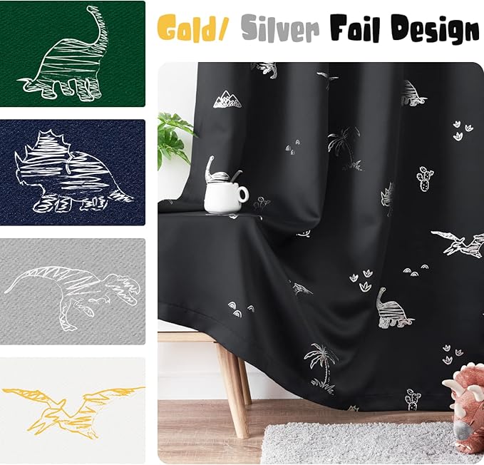 Vangao Kids Curtains Black Blackout Dinosaur Curtains for Boys Kids Nursery Girls Room Silver Dino Foil Print Thermal Insulated Drapes Grommet Top Window Treatments 84 Inches Length 2 Panels