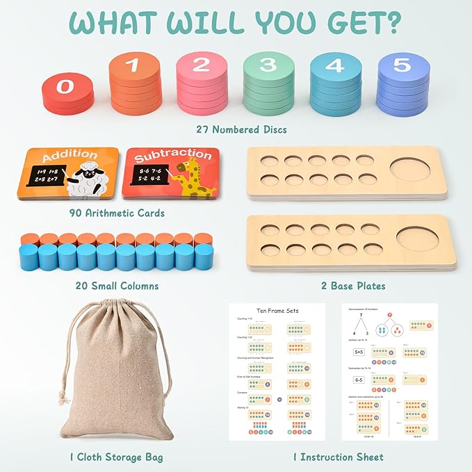 Lewo Wooden Montessori Math Manipulatives Preschool Toys, 1 to 20 Addition and Subtraction Games with Ten Frame/Number Flashcard, Educational Learning Counting Peg Board for Toddlers 3 4 5 Year Old