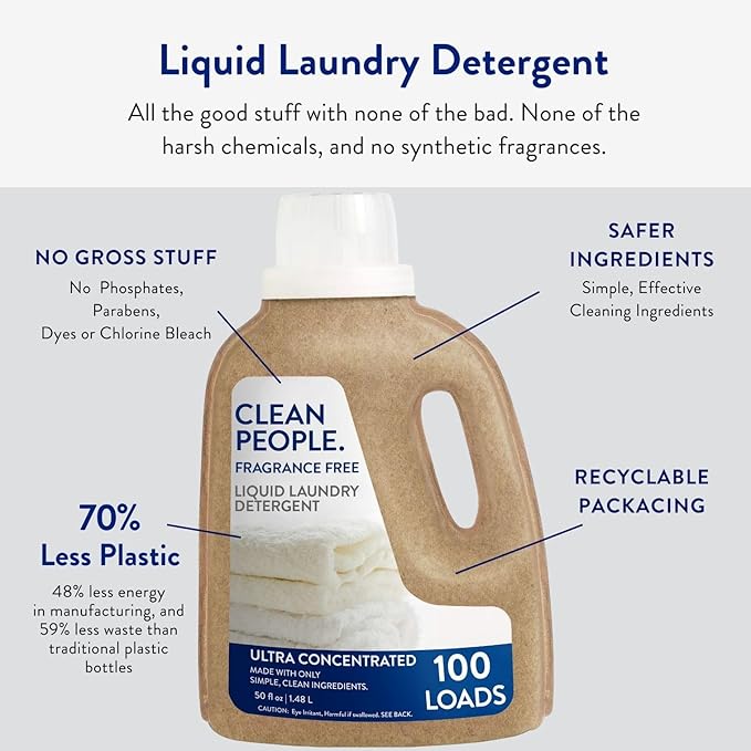 The Clean People Liquid Laundry Detergent - Recyclable Packaging, Stain Fighting - Ultra Concentrated, Laundry Soap - Fragrance Free, 50 fl oz
