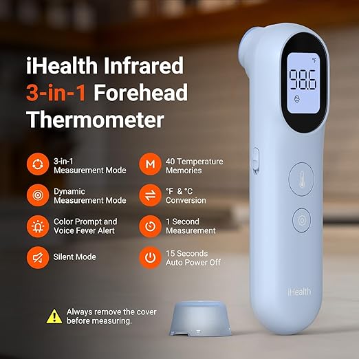 iHealth Infrared Digital Thermometer for Adults and Kids, Baby Thermometer with 3-in-1 Mode & 3-Color Prompt, Fever Alarm & Silent Mode, Forehead & Object Detection, 40 Memory Storages, PT9L, Blue