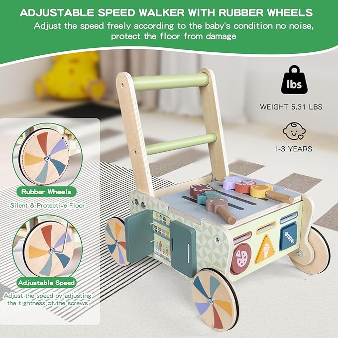 Wooden Push Walker for Babies with Wheels 12 Months+ Wooden Baby Walker Activity Walker for Babies Montessori Multiple Learning Activities Center Walking Toy Adjustable Speed Birthday Gift