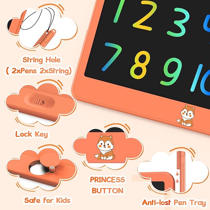 LCD Writing Tablet for Kids 12 Inch, Kids Learning Toys Drawing Pad for Girls Boys, Erasable Doodle Board for Toddlers 3 4 5 6 7 8 Year Old Travel Essentials, Christmas Birthday for Kids - Orange
