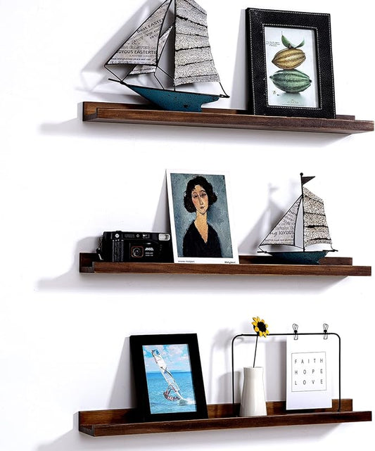 AZSKY 24 Inch Floating Shelves Rustic Wood Wall Shelf Deep Dark Walnut Floating Shelves a Set of 3 Hanging Narrow Picture Photo Ledge Shelves Wall Mounted Bathroom Bedroom Kitchen Office Décor