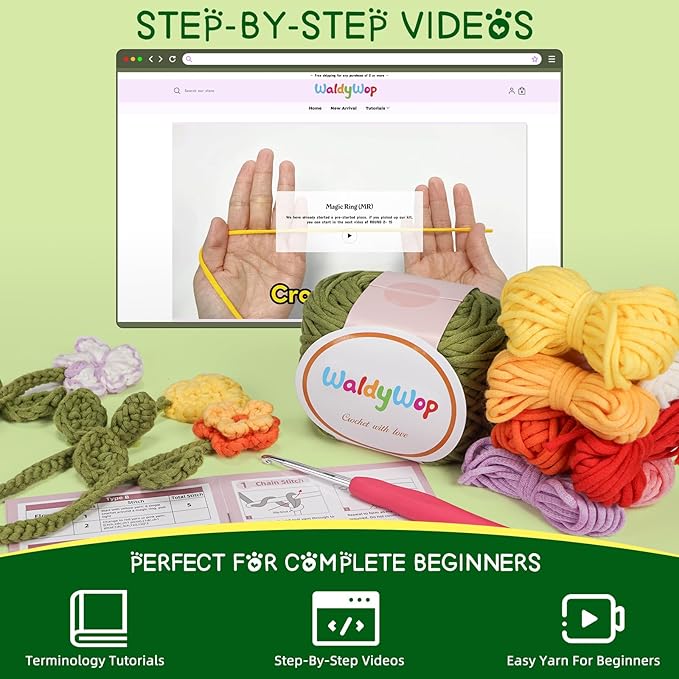 WaldyWop Crochet Kit for Beginners - 8 Flower Bookmarks Knitting Kit w/Step-by-Step Video Tutorials & Soft Yarn, Hook - Wobbles DIY Art Craft Kit for Adults Kids, Birthday Gifts for Women Girls Teen