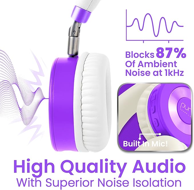 Puro Sound Labs JuniorJam Plus Volume-Limiting Wireless Bluetooth Headphones for Kids, Secure Audio with Adjustable On-Ear Design, 22-Hour Battery, Ideal for Tablets, Smartphones & PCs - Purple