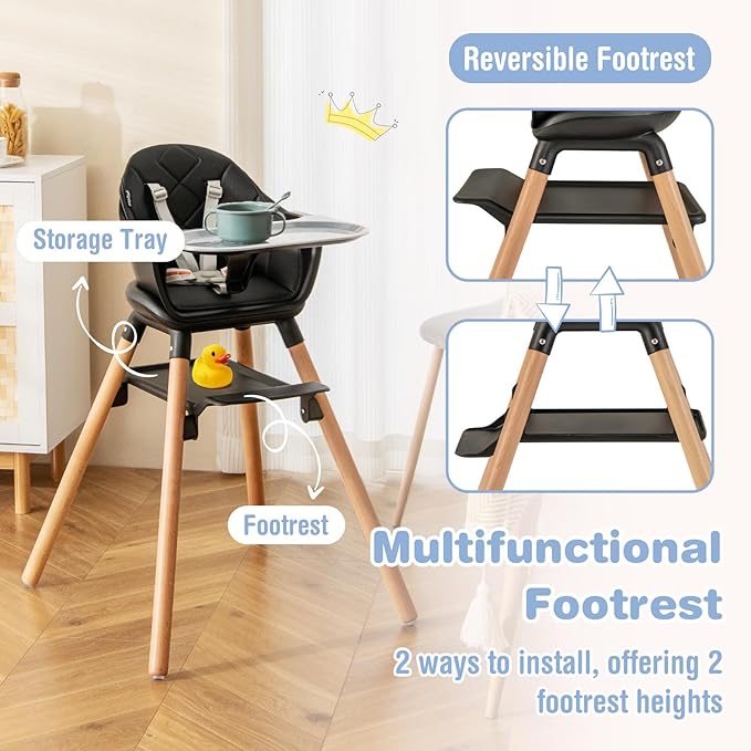 BABY JOY Baby High Chair, 6 in 1 Convertible Wooden High Chair for Babies & Toddlers with Adjustable Legs, Double Removable Tray, Safety Harness & Waterproof PU Cushion (Black)
